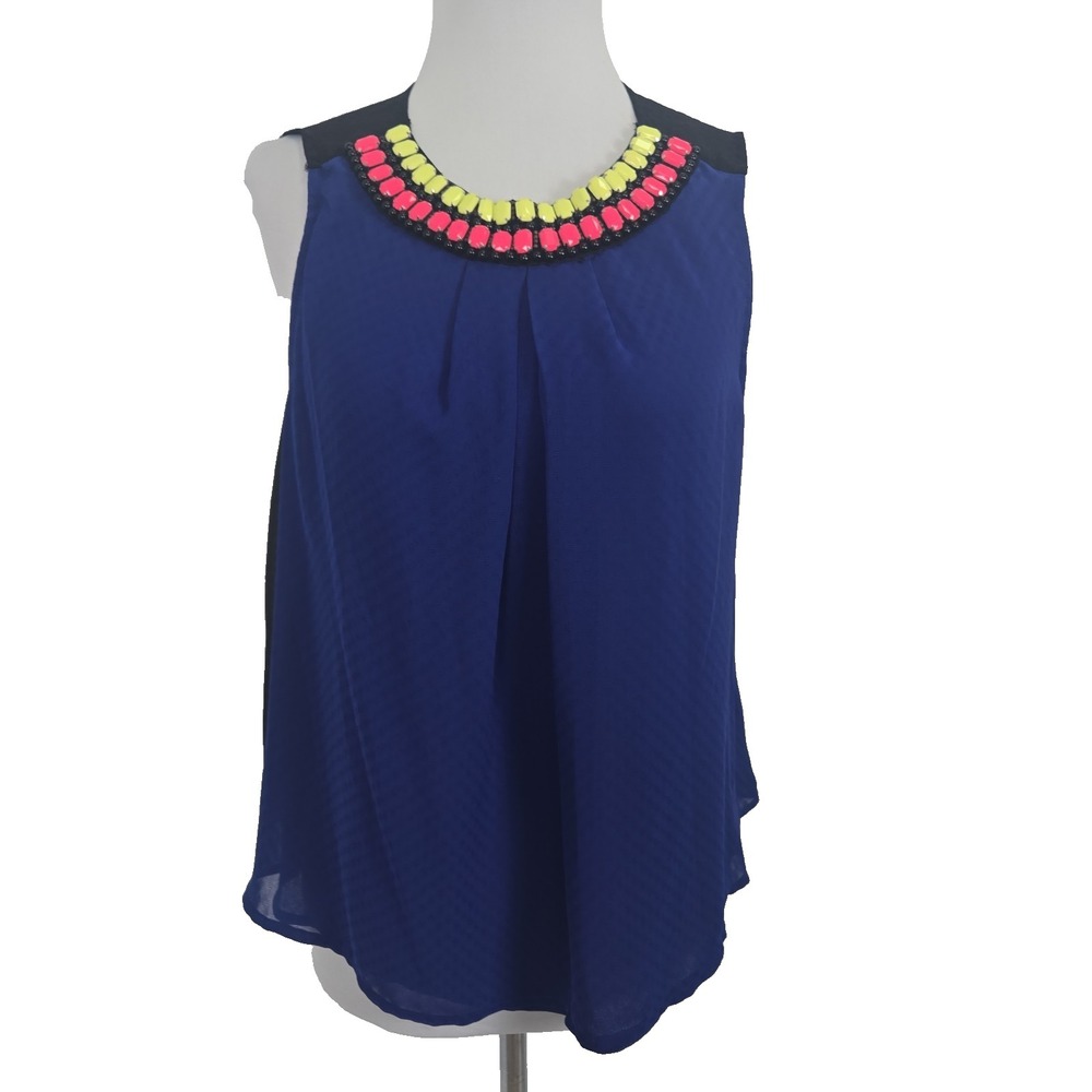 Nicole Miller Large L Blue Black Contrast High Embellished Neckline Blouse